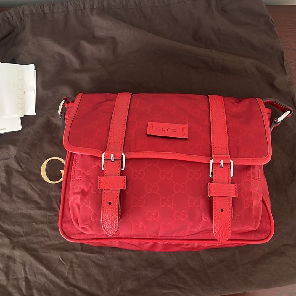 Gucci crossbody bag Guccissima Nylon Monogram Double Buckle Flap Vibrant Red - Picture 5 of 12